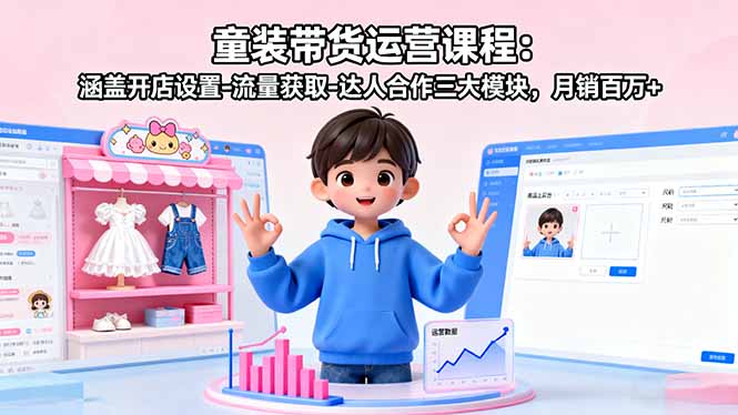 童装带货运营课程：涵盖开店设置-流量获取-达人合作三大模块，月销百万+-泱泱学习社
