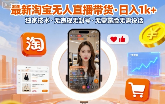 最新淘宝无人直播带货，日入1k+，独家技术，无违规无封号，无需露脸无需说话【揭秘】-泱泱学习社