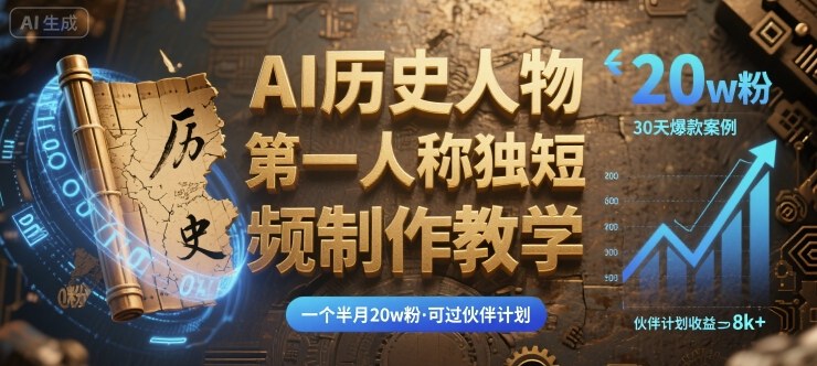最新AI历史人物第一人称独白短视频制作教学，一个半月20w粉，可过伙伴计划-泱泱学习社