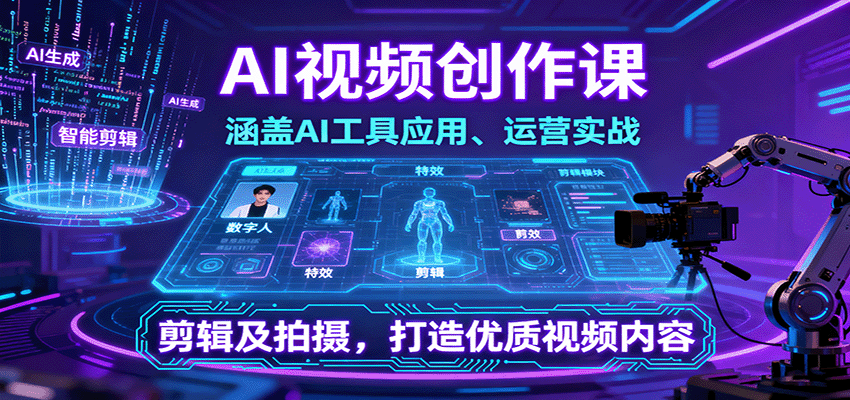 AI视频创作课，涵盖AI工具应用、运营实战、剪辑及拍摄，打造优质视频内容-泱泱学习社