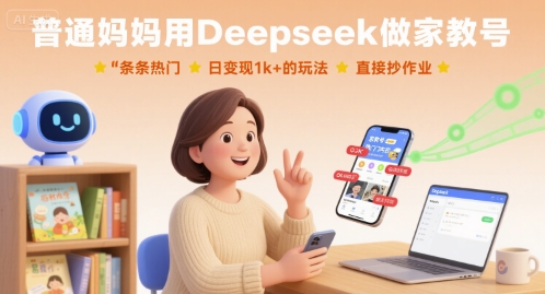 普通妈妈用Deepseek做家教号，条条热门，日变现1k+的玩法，直接抄作业-泱泱学习社