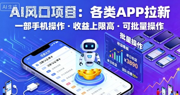 AI风口项目，各类APP拉新，一部手机就可以操作，收益上限高，可批量操作-泱泱学习社