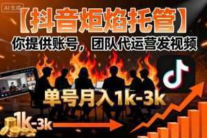【抖音炬焰托管】你提供账号，团队代运营发视频，单号月入1k+【揭秘】-泱泱学习社