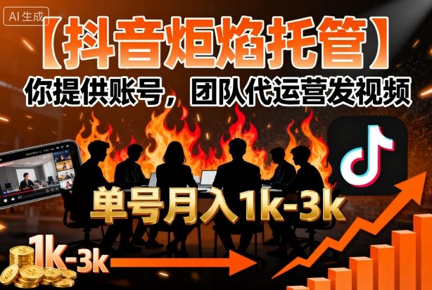 【抖音炬焰托管】你提供账号，团队代运营发视频，单号月入1k+【揭秘】-泱泱学习社