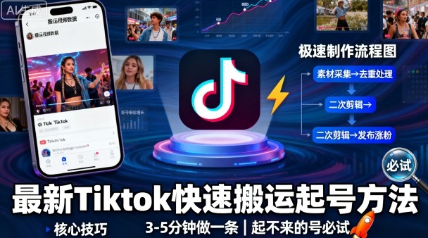 最新Tiktok快速搬运快速起号方法，3-5分钟做一条，起不来的号可以试试-泱泱学习社