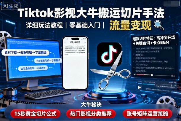 Tiktok影视大牛搬运切片手法，详细玩法教程-泱泱学习社