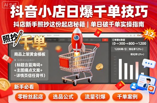 抖音小店日爆千单技巧，抖店新手照抄这份起店秘籍，单日破千单-泱泱学习社