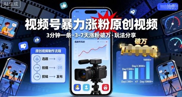 视频号暴力涨粉原创视频，3分钟一条原创视频，3-7天涨粉破万，玩法分享给你-泱泱学习社