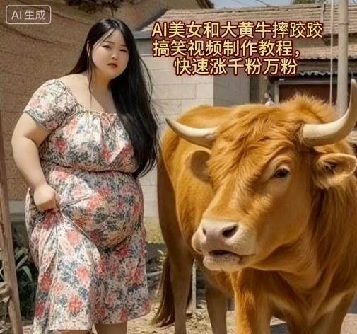 AI美女和大黄牛摔跤搞笑荒诞视频制作教程，快速涨千粉万粉-泱泱学习社
