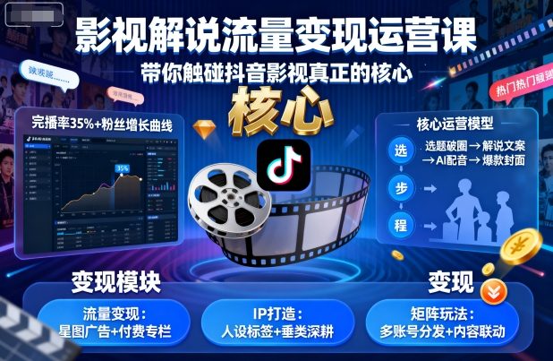 影视解说流量变现运营课，带你触碰抖音影视真正的核心-泱泱学习社