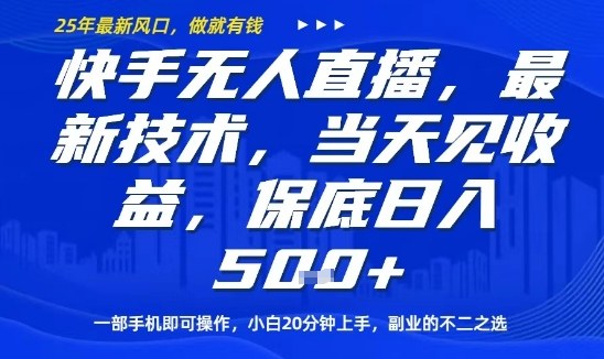 快手无人直播最新技术，当天见收益，一部手机即可操作，保底日入5张，副业的不二之选【揭秘】-泱泱学习社