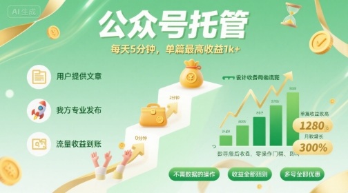 【公众号托管 】我提供文章，你发布，每天5分钟，单篇最高收益1k+【揭秘】-泱泱学习社