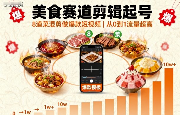 美食赛道剪辑起号，8道菜混剪做爆款短视频，从0到1，流量超高-泱泱学习社