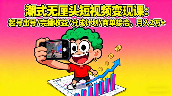 潮式无厘头短视频变现课：起号出号/完播收益/分成计划/商单接洽，月入2万+-泱泱学习社