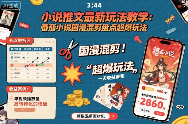小说推文最新玩法教学，番茄小说国漫混剪盘点超爆玩法，全程干货，一天收益多张-泱泱学习社
