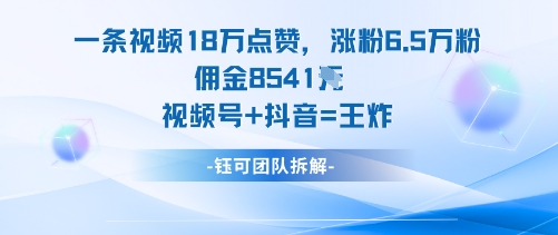 一条视频18W点赞，涨粉6.5W粉佣金8541米，视频号+抖音=王炸-泱泱学习社
