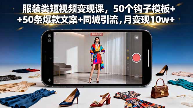 服装类短视频变现课，50个钩子模板+50条爆款文案+同城引流，月变现10w+-泱泱学习社