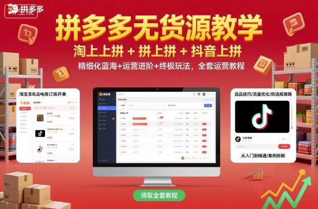 拼多多无货源教学,淘上拼+拼上拼+抖上拼,精细化蓝海+运营进阶+终极玩法,全套运营教程-泱泱学习社