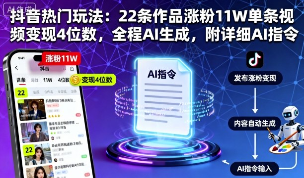 抖音热门玩法：22条作品涨粉11W单条视频变现4位数，全程AI生成，附详细AI指令-泱泱学习社