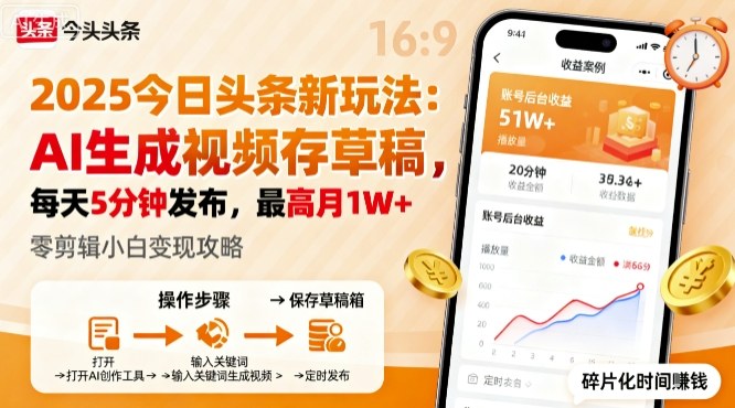 2025年今日头条躺賺新玩法，AI生成视频存草稿，每天5分钟发布，最高月1W+【揭秘】-泱泱学习社
