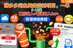 拼多多闲鱼网盘拉新项目,一单5-15米,睡后收入+管道收入1w+(附保姆级教程)-泱泱学习社