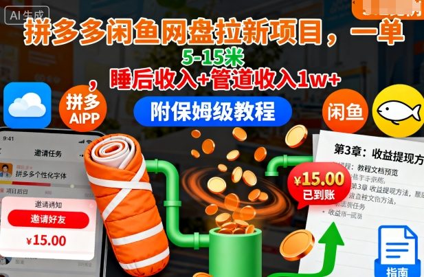 拼多多闲鱼网盘拉新项目,一单5-15米,睡后收入+管道收入1w+(附保姆级教程)-泱泱学习社