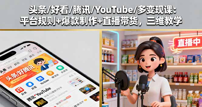 头条/好看/腾讯/YouTube/多变现课：平台规则+爆款制作+直播带货，三维教学-泱泱学习社