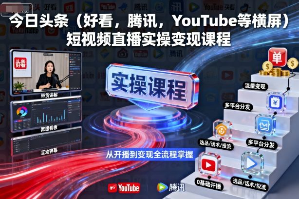 今日头条(好看，腾讯，YouTube等横屏)短视频直播实操变现课程-泱泱学习社