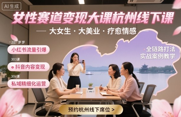 女性赛道变现大课杭州线下，大女生，大美业，疗愈情感，一套小红书、抖音、私域全链路打法-泱泱学习社