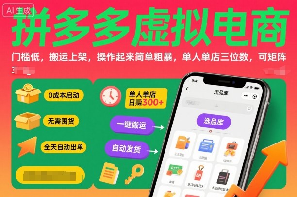 拼多多虚拟电商，门槛低，搬运上架，操作起来简单粗暴，单人单店三位数，可矩阵-泱泱学习社