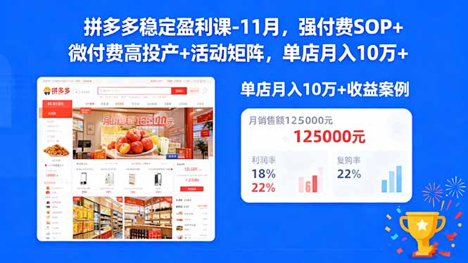 拼多多稳定盈利课-11月，强付费SOP+微付费高投产+活动矩阵，单店月入10w+-泱泱学习社