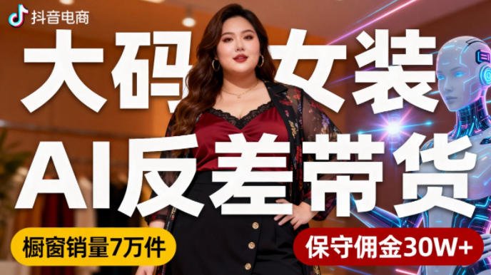 抖音小众赛道,大码女装AI反差带货,不用直播,每天6条作品,橱窗卖7万件,保守佣金30W+-泱泱学习社
