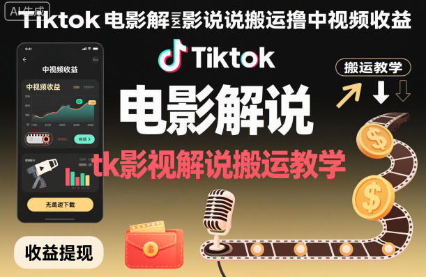 Tiktok电影解说搬运撸中视频收益,tk影视解说搬运教学-泱泱学习社