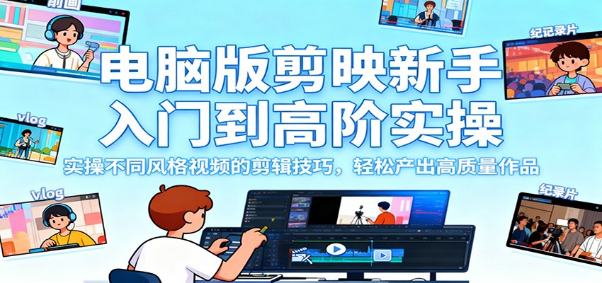 电脑版剪映新手入门到高阶实操，实操不同风格视频的剪辑技巧，轻松产出高质量作品-泱泱学习社