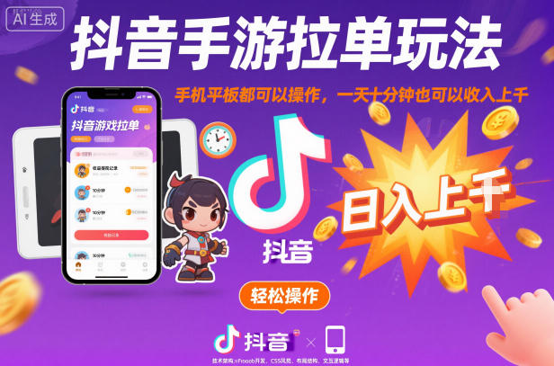 抖音手游拉单玩法,手机平板都可以操作,一天十分钟也可以收入上K【揭秘】-泱泱学习社