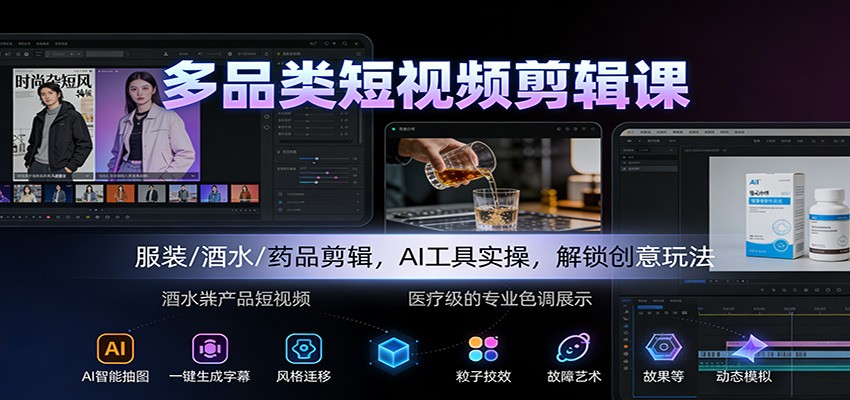 多品类短视频剪辑课:服装/酒水/药品剪辑,AI工具实操,解锁创意玩法-泱泱学习社