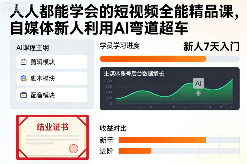 人人都能学会的短视频全能精品课,自媒体新人利用AI弯道超车-泱泱学习社