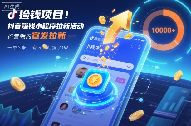 捡钱项目!抖音賺钱小程序拉新活动,抖音端内宣发拉新,一单3米,有人半个月搞了1W+-泱泱学习社