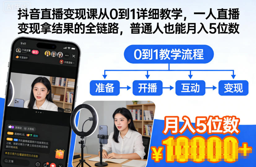 抖音直播变现课从0到1详细教学,一人直播变现拿结果的全链路,普通人也能月入5位数-泱泱学习社