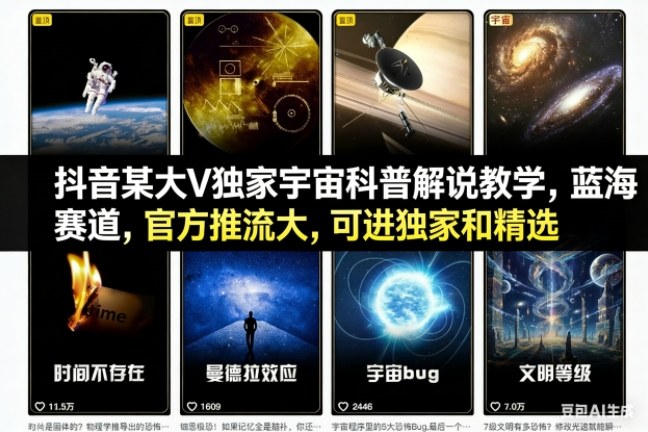 抖音某大V独家宇宙科普解说教学，蓝海赛道，官方推流大，可进独家和精选-泱泱学习社