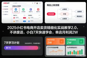 2025小红书电商开店卖货精细化实战教学2.0，不讲废话，小白7天快速学会，单店月利润2W-泱泱学习社