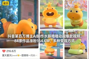 抖音某百万博主AI制作水豚噜噜动画爆款视频,84条作品涨粉164.6W,多种变现方式-泱泱学习社