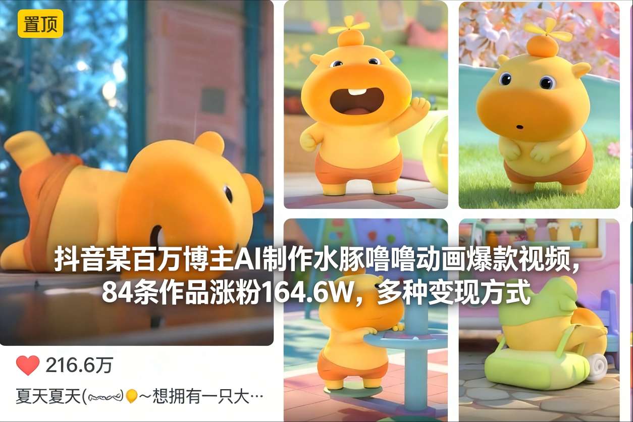 抖音某百万博主AI制作水豚噜噜动画爆款视频,84条作品涨粉164.6W,多种变现方式-泱泱学习社