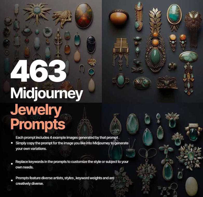 460+专业Midjourney珠宝摄影AI提示词戒指，项链-耳环-手链-宝石等，立即开始创作珠宝艺术