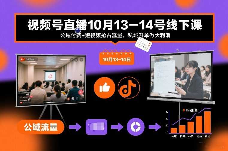 视频号直播10月13-14号线下课，公域付费+短视频抢占流量，私域升单做大利消-泱泱学习社