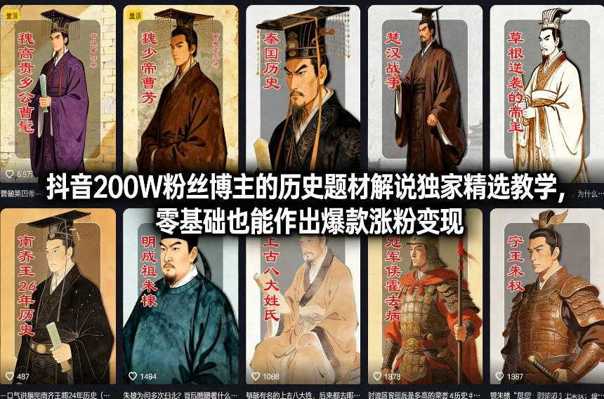 抖音200W粉丝博主的历史题材解说独家精选教学，零基础也能作出爆款涨粉变现-泱泱学习社