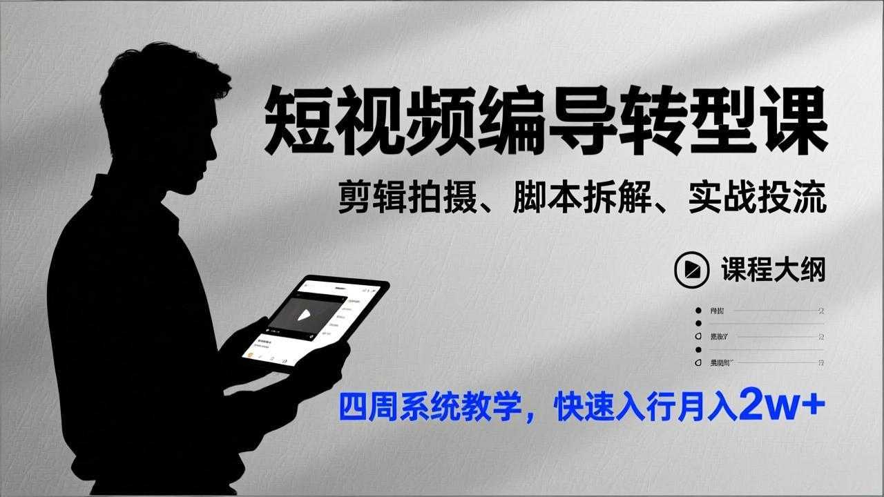 短视频编导转型课，剪辑拍摄、脚本拆解、实战投流，四周系统教学，快速入行月入2w+-泱泱学习社