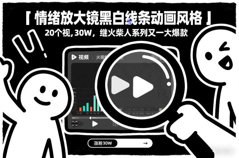 情绪放大镜黑白线条动画风格，20个视频，涨粉30W，继火柴人系列又一大爆款-泱泱学习社