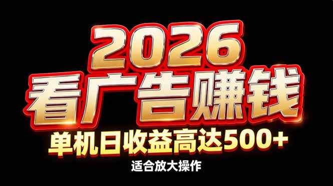 2026隐藏蓝海：看广告赚钱效率升级，单机日收益高达500+，适合放大操作-泱泱学习社