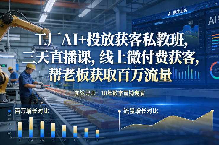 工厂AI+投放获客私教班，三天直播课，线上微付费获客，帮老板获取百万流量-泱泱学习社